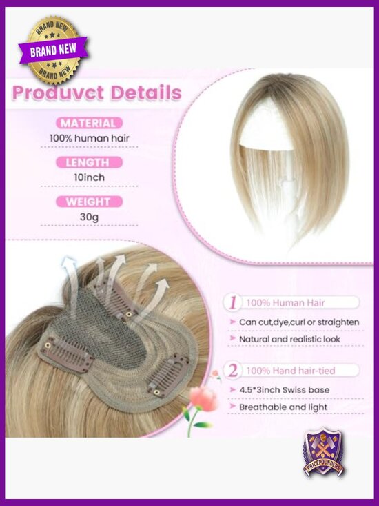 10-Inch Human Hair Topper for Thinning Hair, Handmade Swiss Base main image 4
